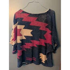 Lauren Ralph Lauren Aztec Women's SS 100 Linen Red Blue Beige Sweater Size XL